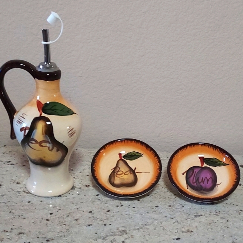 NEW- Olive Oil Dispencer & Small Plum & Pear dishes.